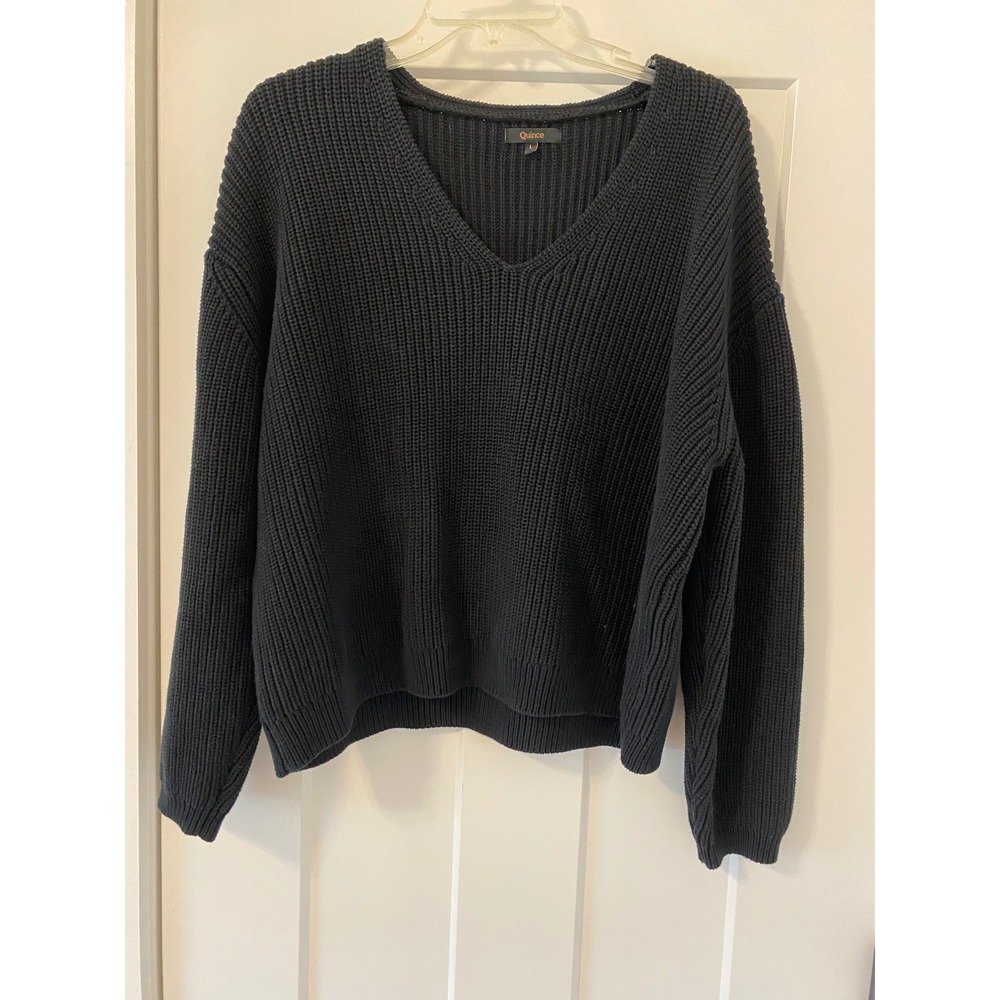 Quince Organic Cotton Fisherman V-Neck Sweater Black SGK001 Large
